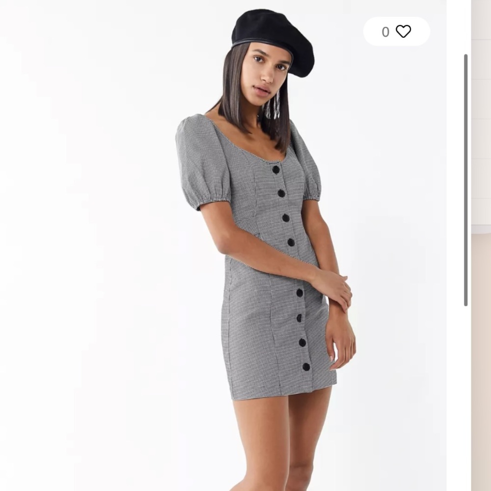 UO Emily Puff Sleeve Bowtie Button-Up Houndstooth Black and White Mini Dress